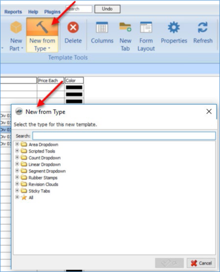 PlanSwift New Form Types Tab and Window