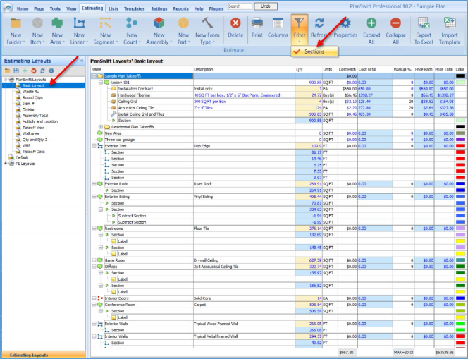 PlanSwift Estimating Tab - Basic Layout