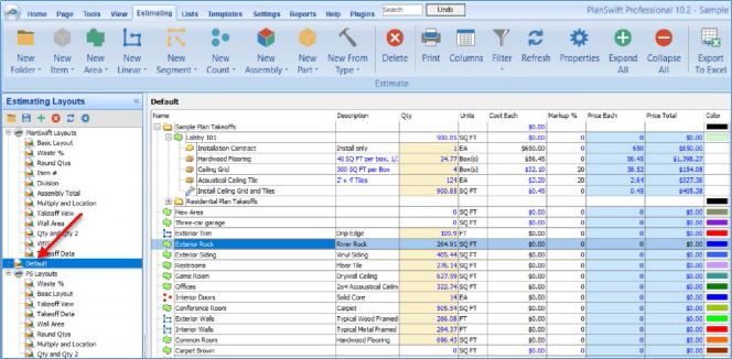 PlanSwift Estimating Tab - Default Layout