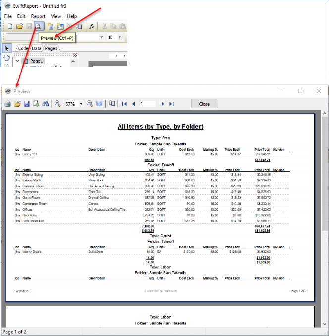 PlanSwift ReportDesigner previewing a report