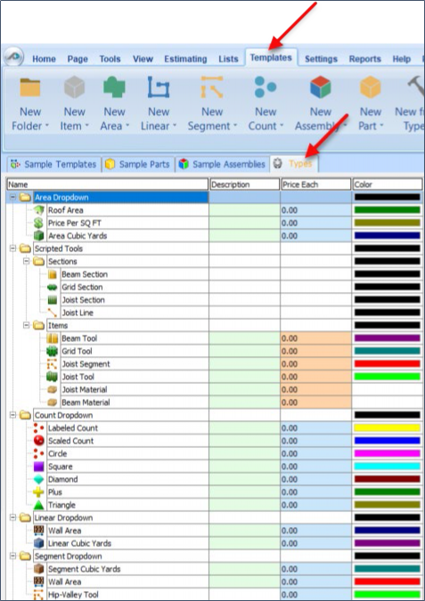 PlanSwift Templates Tab showing the Types sub-tab