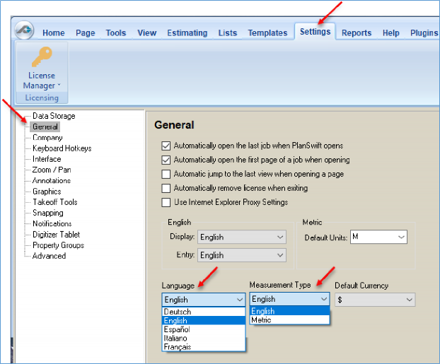 PlanSwift Settings - General - Language and Measurement Type