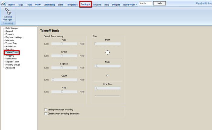 PlansSwift Settings Tab - Takeoff Tools options panel