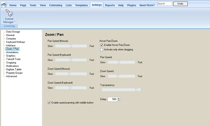 PlanSwift Settings Tab showing the Zoom and Pan options
