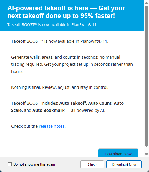 PlanSwift Takeoff BOOST update notification
