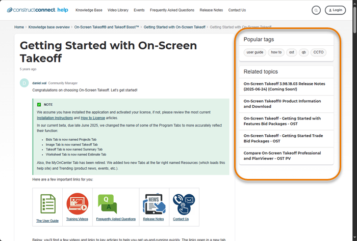 the knowledgebase shows tags and related topics on the right side when viewing an article