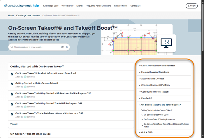 the knowledgebase displays a table of contents on the right when viewing a category