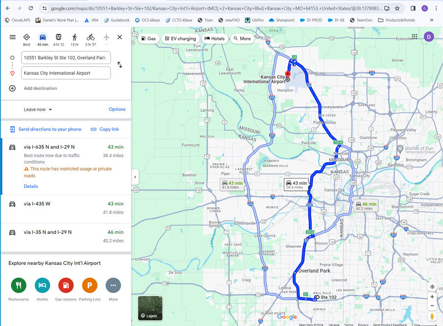 Map from MCI to Training Umbrella in Kansas City, KS