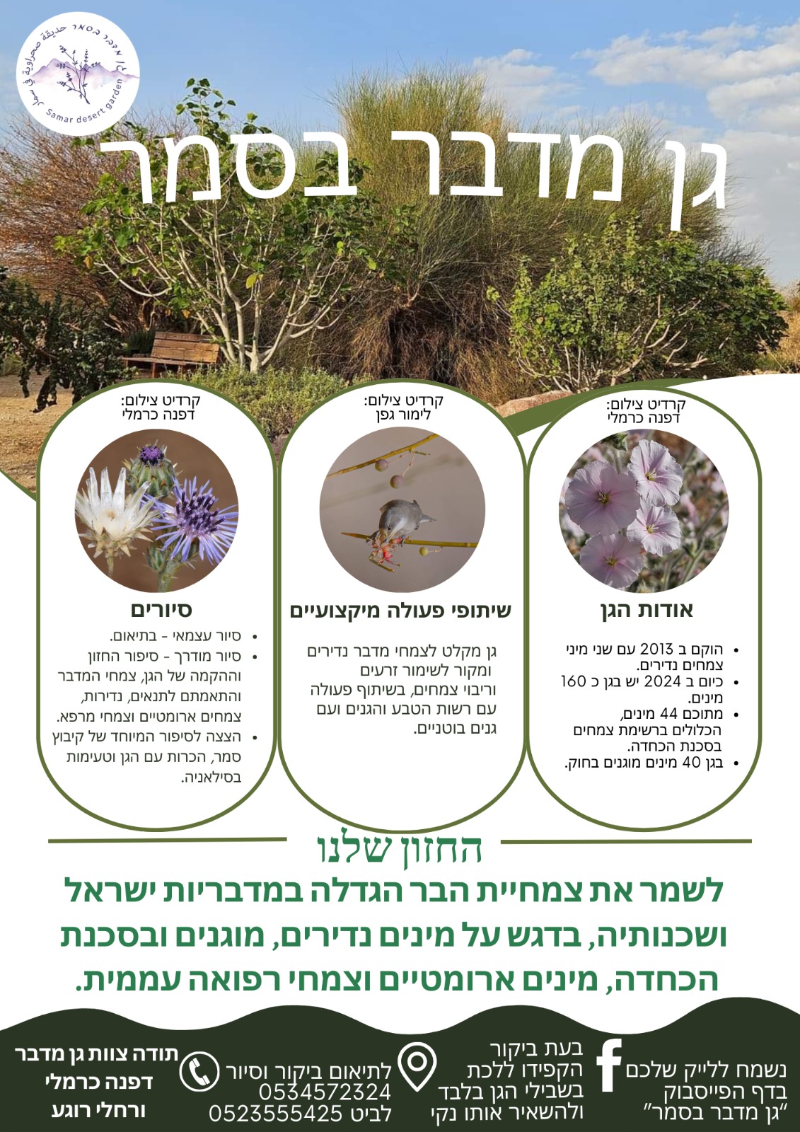 קמפיין פרסומי עבור גן מדבר בסמר עם תמונות של צמחי מדבר ופרחים, פרטי התקשרות, ומידע על סיורים, שיתופי פעולה ואירועים.