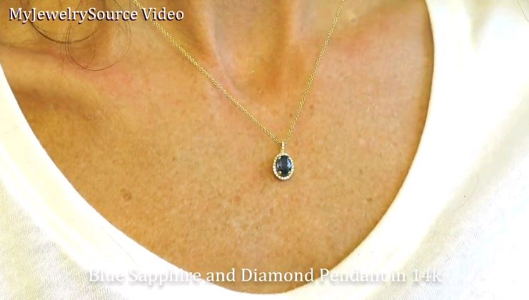 1.26 ctw Oval Blue Sapphire and Diamond Pendant in 14K Yellow Gold with A 16 inch 14K Yellow Gold Chain