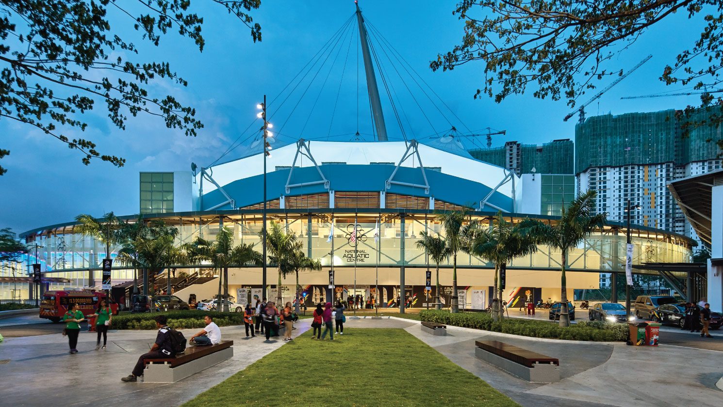 Aquatics centre exterior at dusk, © Aaron Pocock Photography