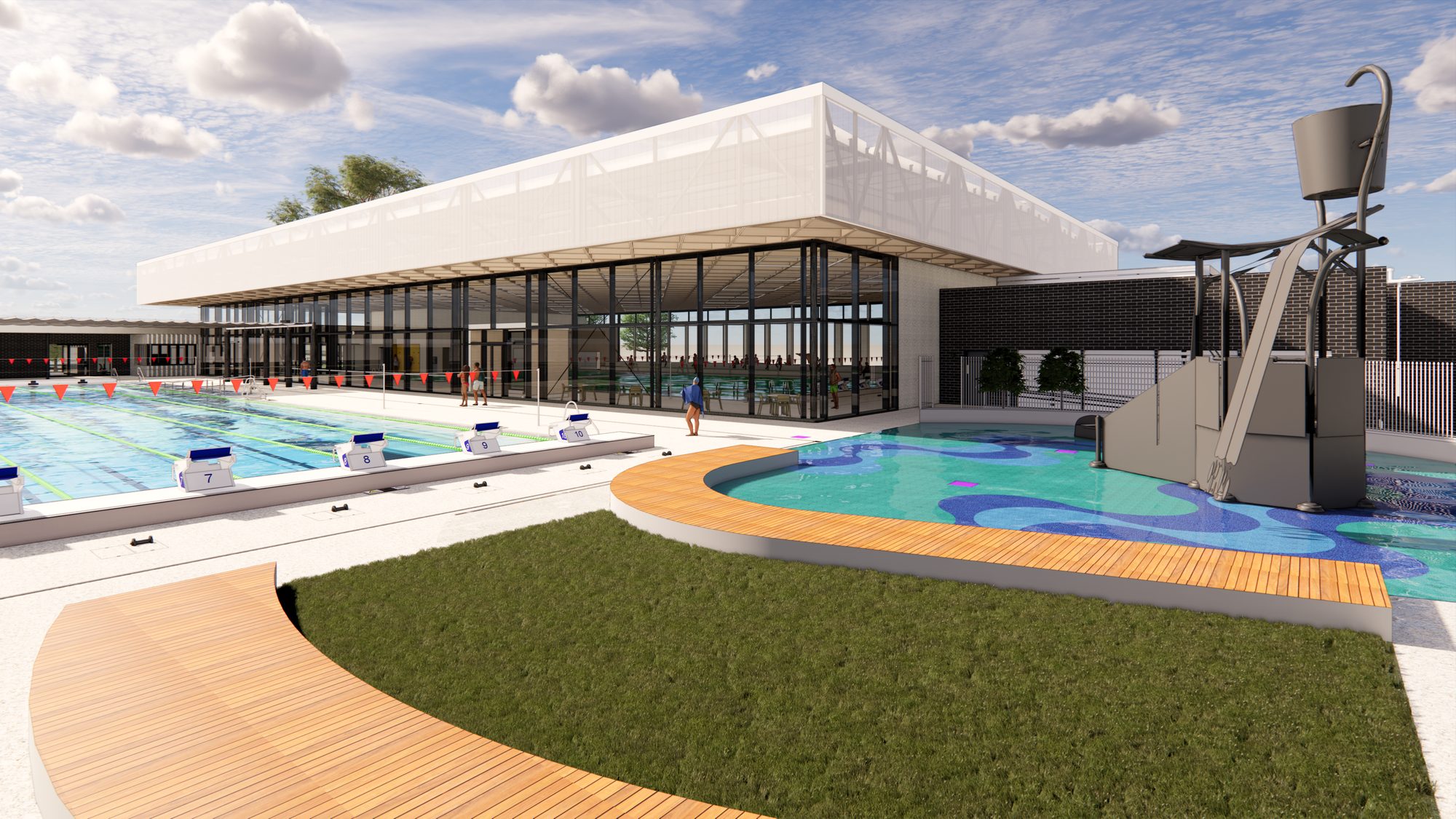 Outdoor pool deck, render