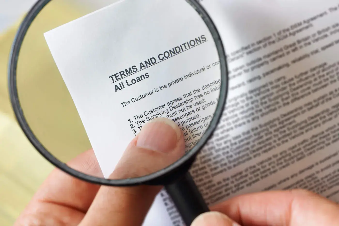 Person using magnifying glass to read loan terms and conditions - Allstar Car Sales