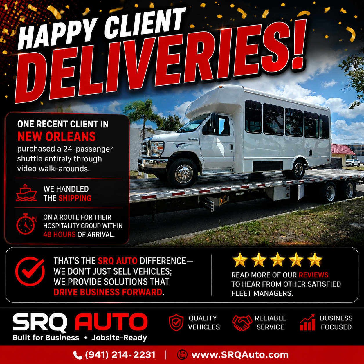 Ad for SRQ Auto featuring a white 24-passenger shuttle bus being delivered on a flatbed trailer to New Orleans.