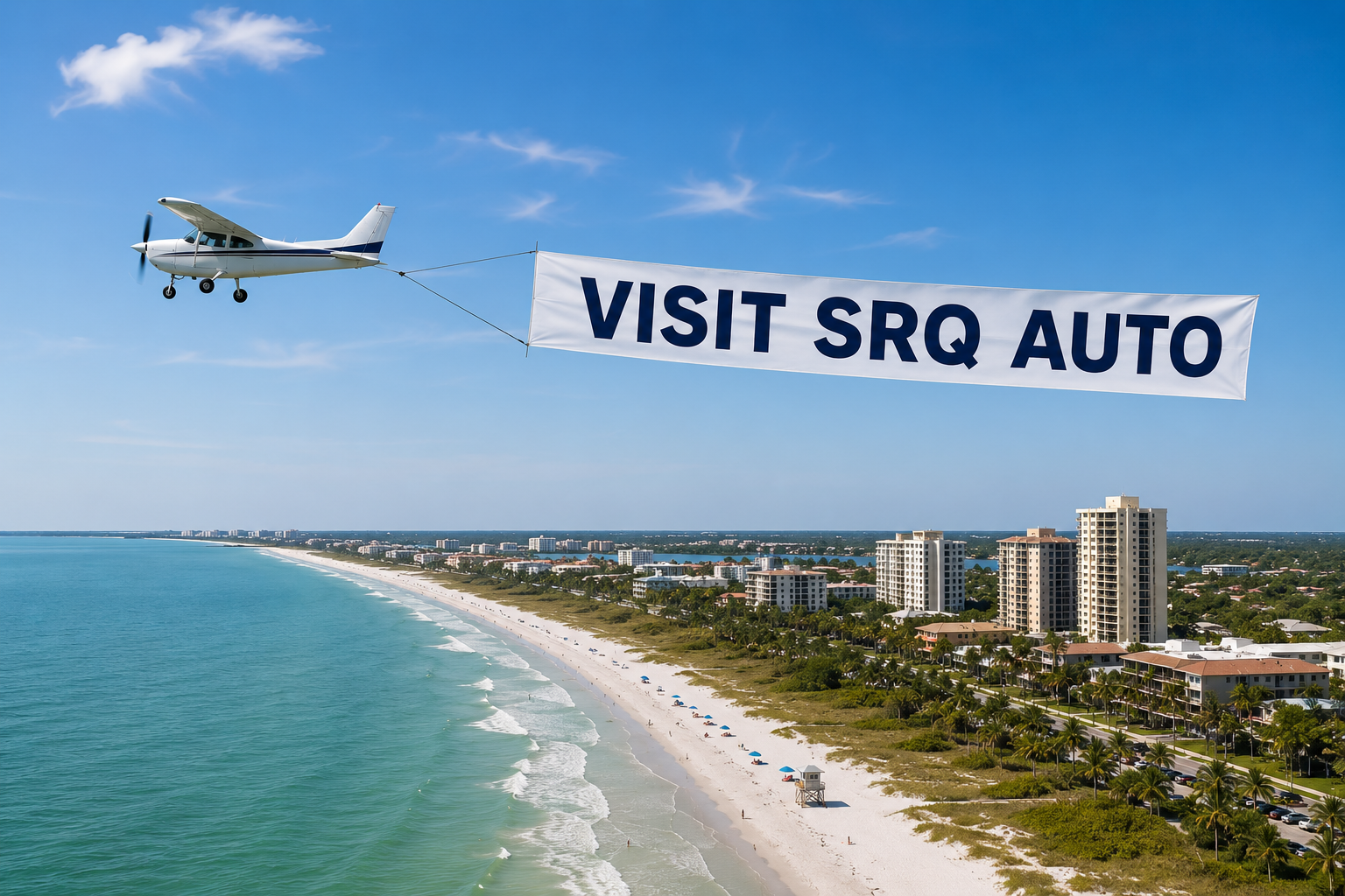 A small airplane towing a banner reading VISIT SRQ AUTO over a sunny sandy beach with high-rise buildings.