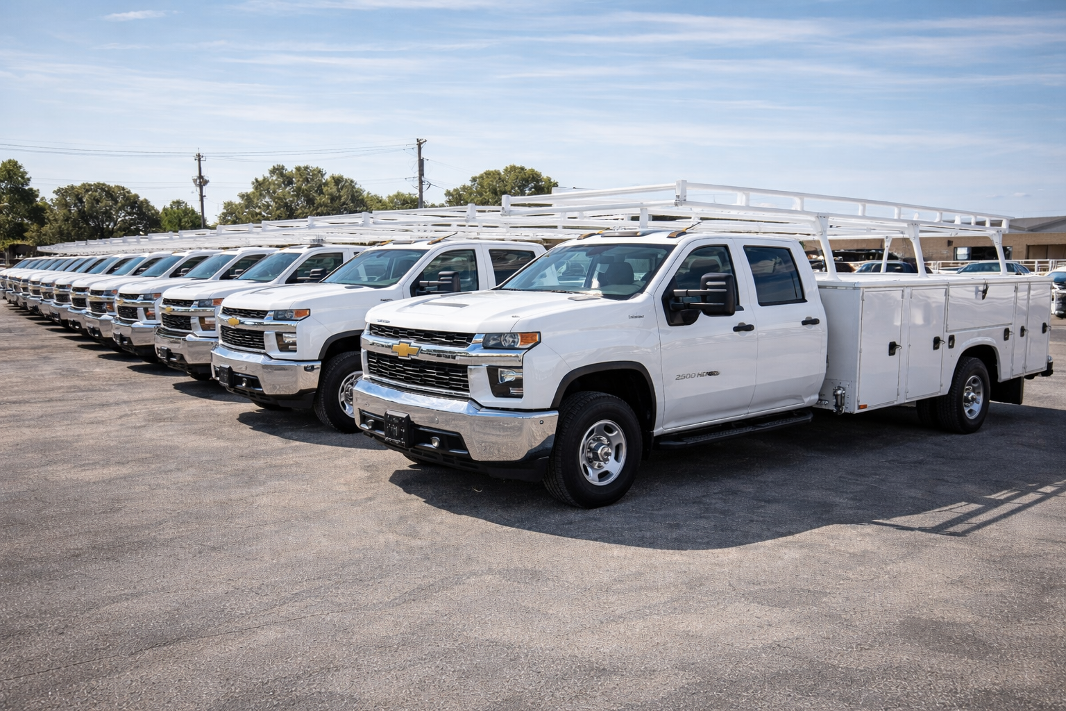 A row of white service trucks with utility bodies ready for work.