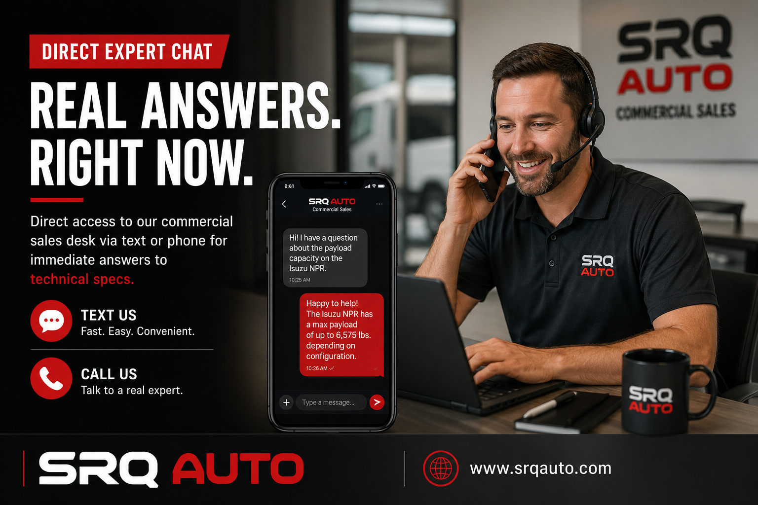 Advertisement for SRQ Auto commercial sales featuring direct text and phone access to experts for vehicle technical specs.