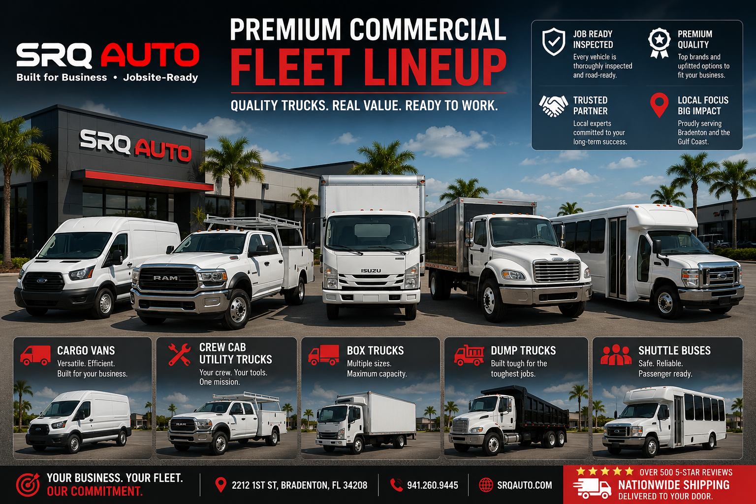 Advertisement for SRQ Auto commercial vehicle fleet including vans, trucks, box trucks, and shuttle buses.