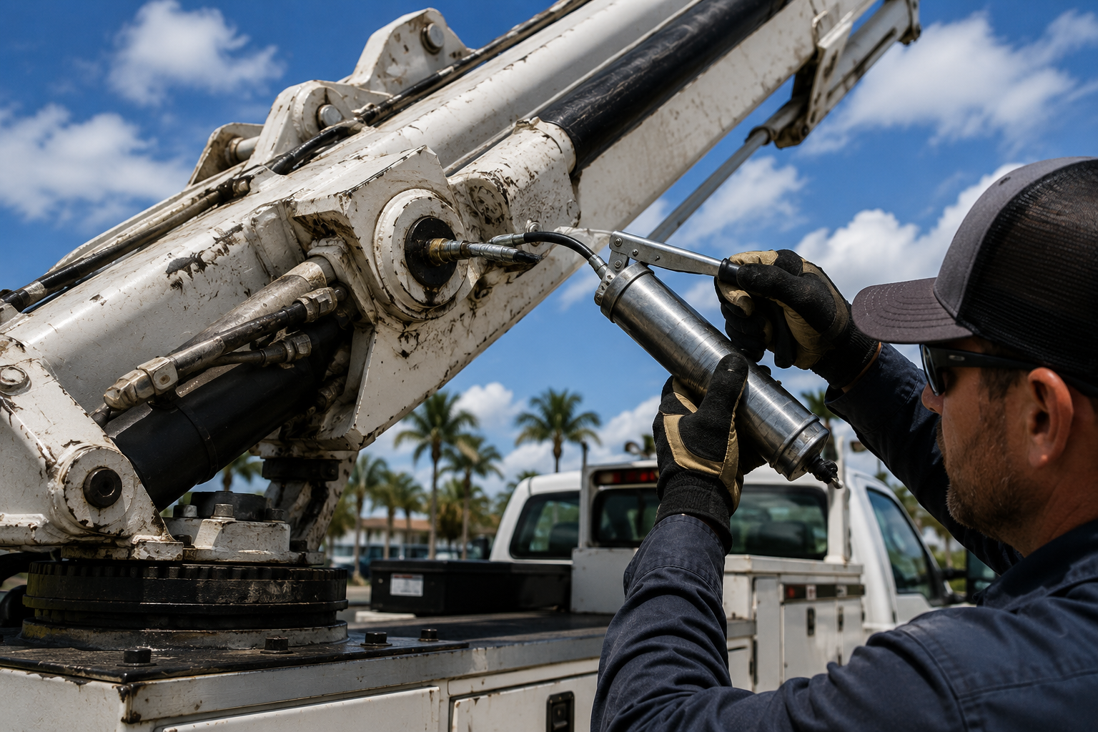 A technician in work gloves and a baseball cap uses a grease gun to lubricate the joint of a service truck crane.