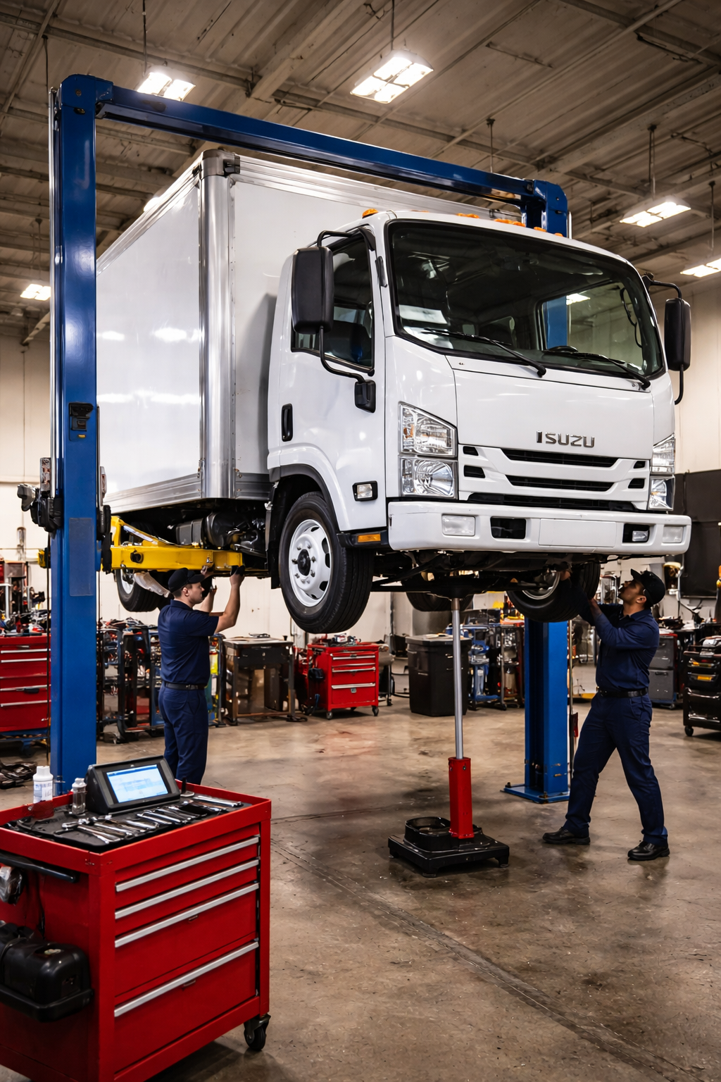A certified mechanic inspecting the hydraulic system of a utility boom truck.
