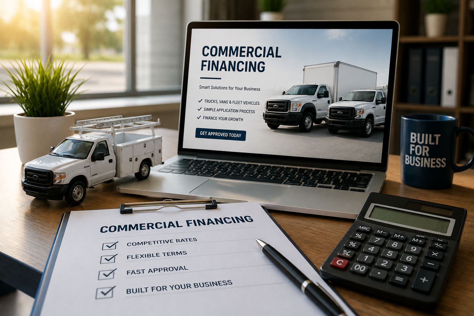 Commercial vehicle financing setup with a laptop, model truck, checklist clipboard, calculator, and mug on a wooden desk.