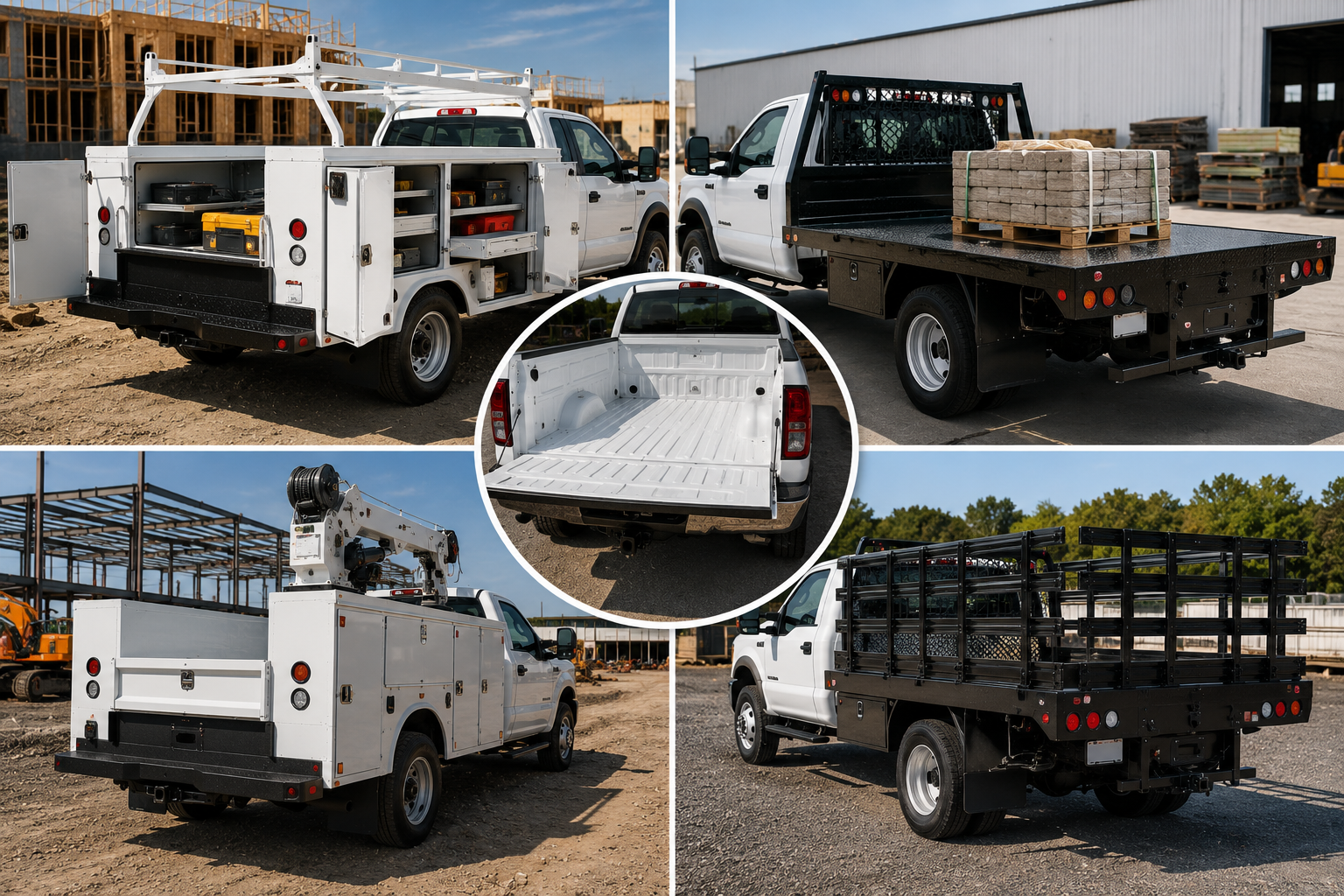 Collage of five white work trucks with different bed configurations including service body, flatbed, and stake bed.