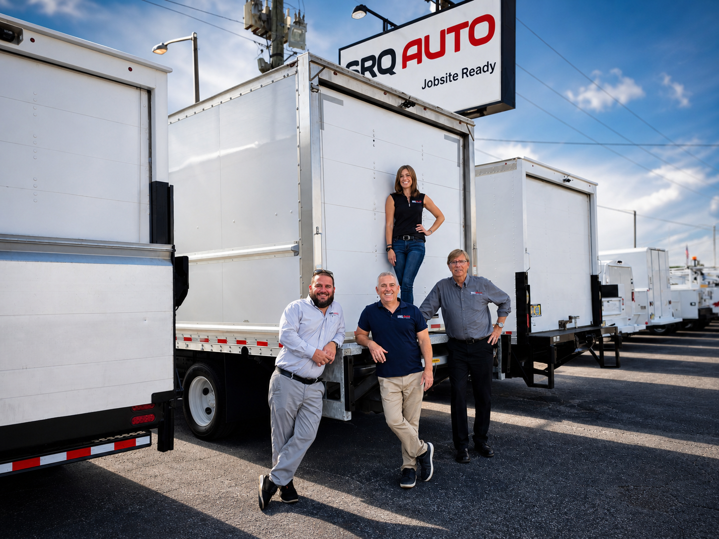 Four smiling people posing in front of white box trucks at SRQ Auto dealership.