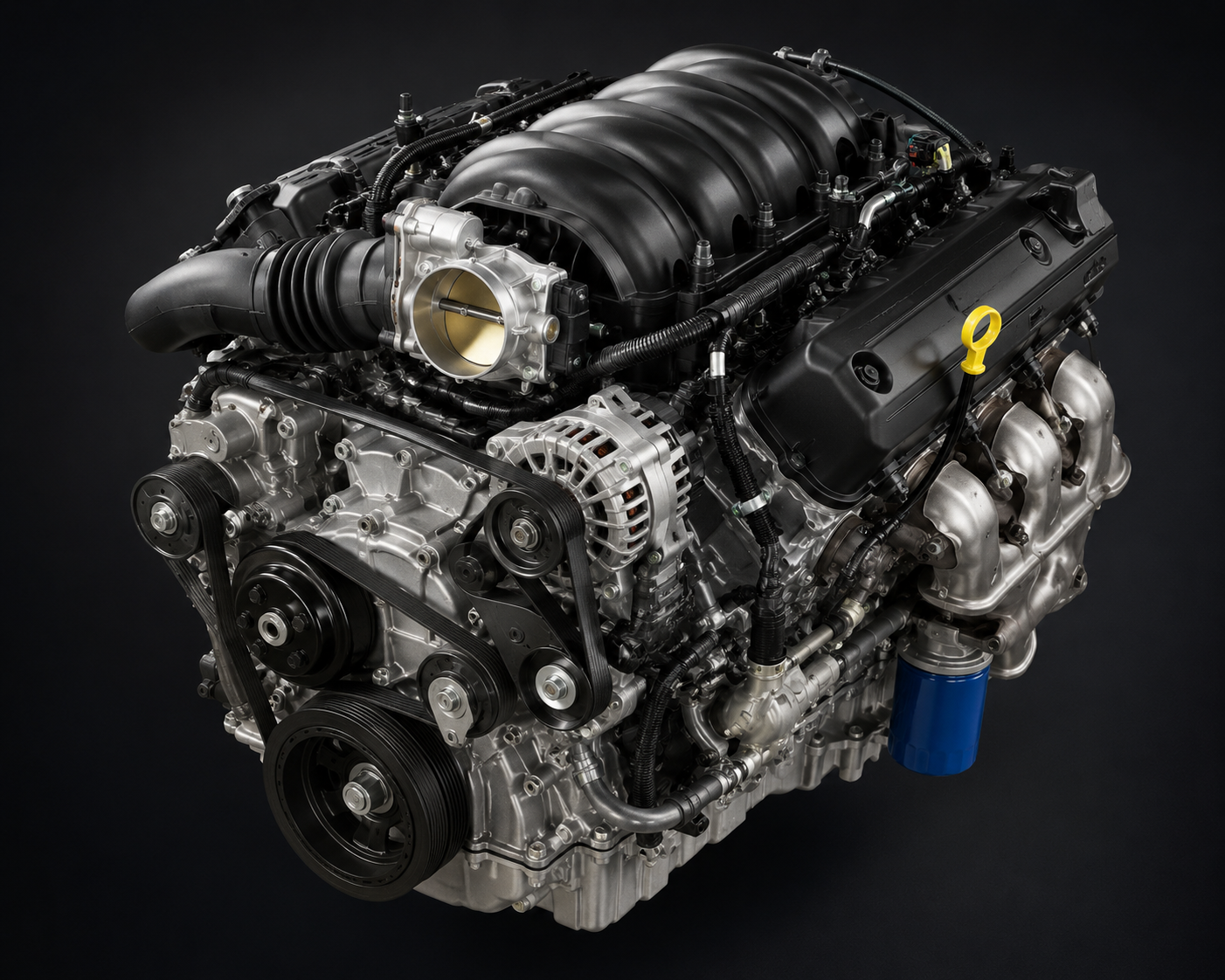 A modern V8 internal combustion engine against a black background.