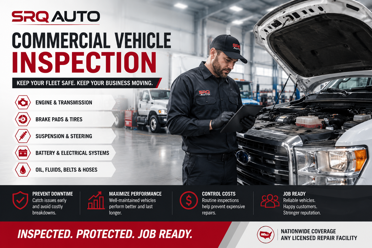 Mechanic with tablet inspecting a commercial vehicle under an open hood in a professional auto garage.