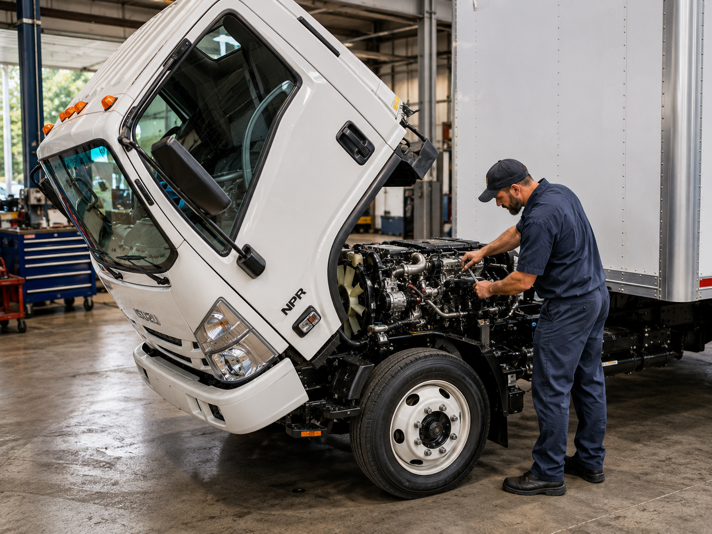 Mechanic in blue uniform inspecting a white Isuzu NPR truck with a tilted cab in a repair shop.