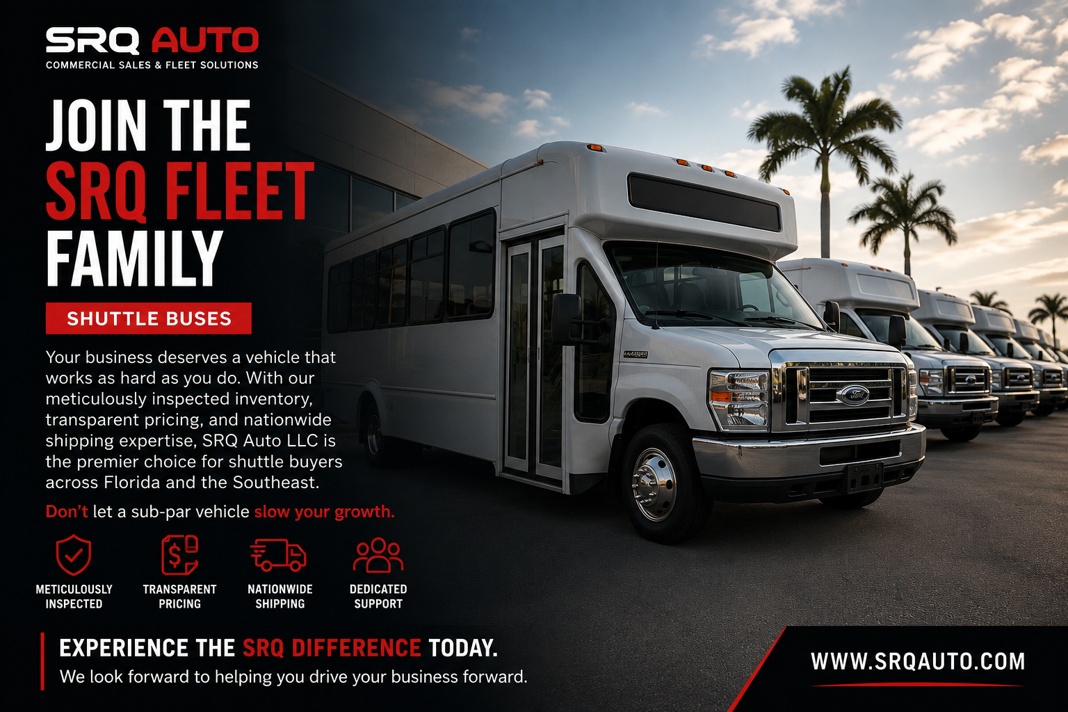 Advertisement for SRQ Auto shuttle buses showing a fleet of white Ford commercial vans parked on a sunny lot.