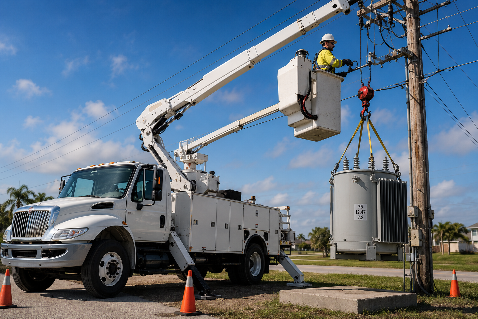 A utility worker in a bucket truck uses a crane to install a large electrical transformer on a power pole.