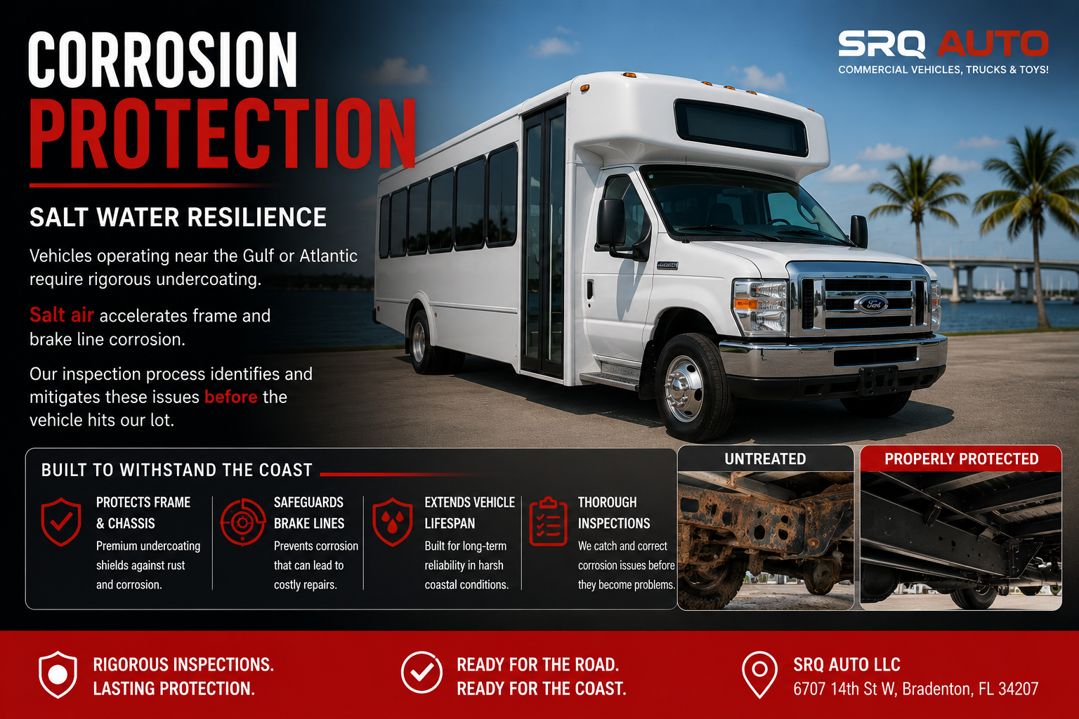 Advertisement for SRQ Auto corrosion protection featuring a white shuttle bus and undercarriage comparisons.