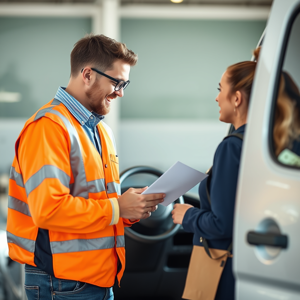Commercial vehicle customer getting their paperwork after buying the vehicle
