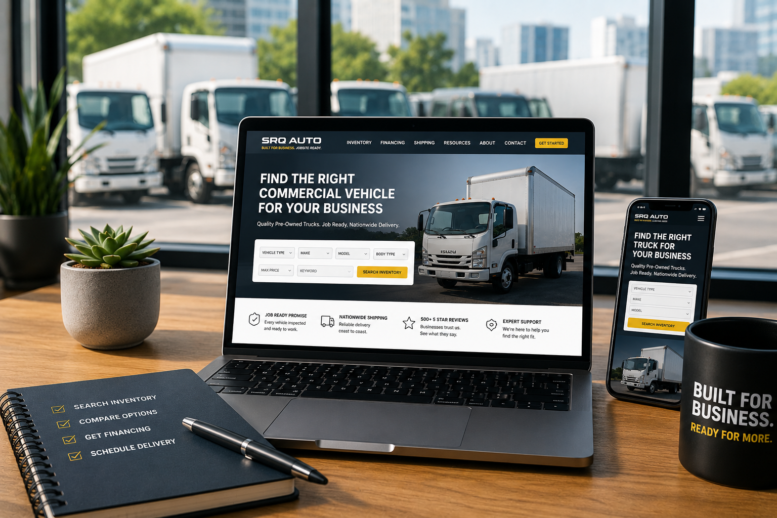 A laptop and smartphone displaying a commercial truck dealership website on a wooden desk with a notebook and coffee mug.