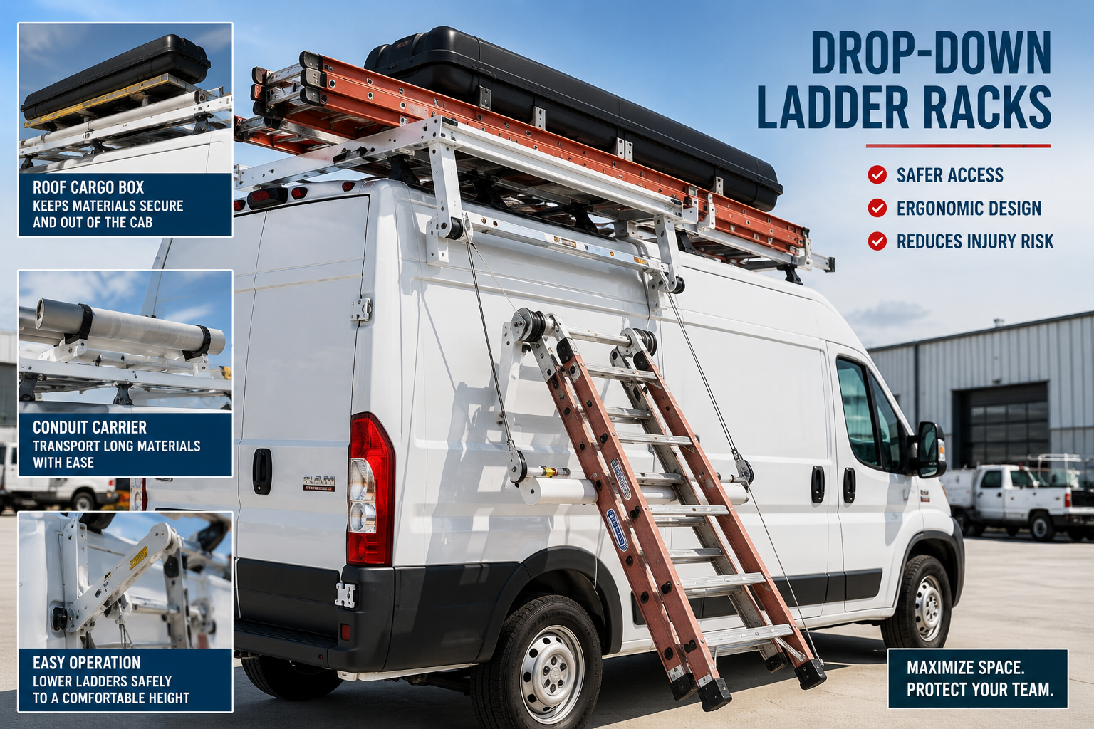 A white van equipped with a drop-down ladder rack system, cargo box, and conduit carrier.