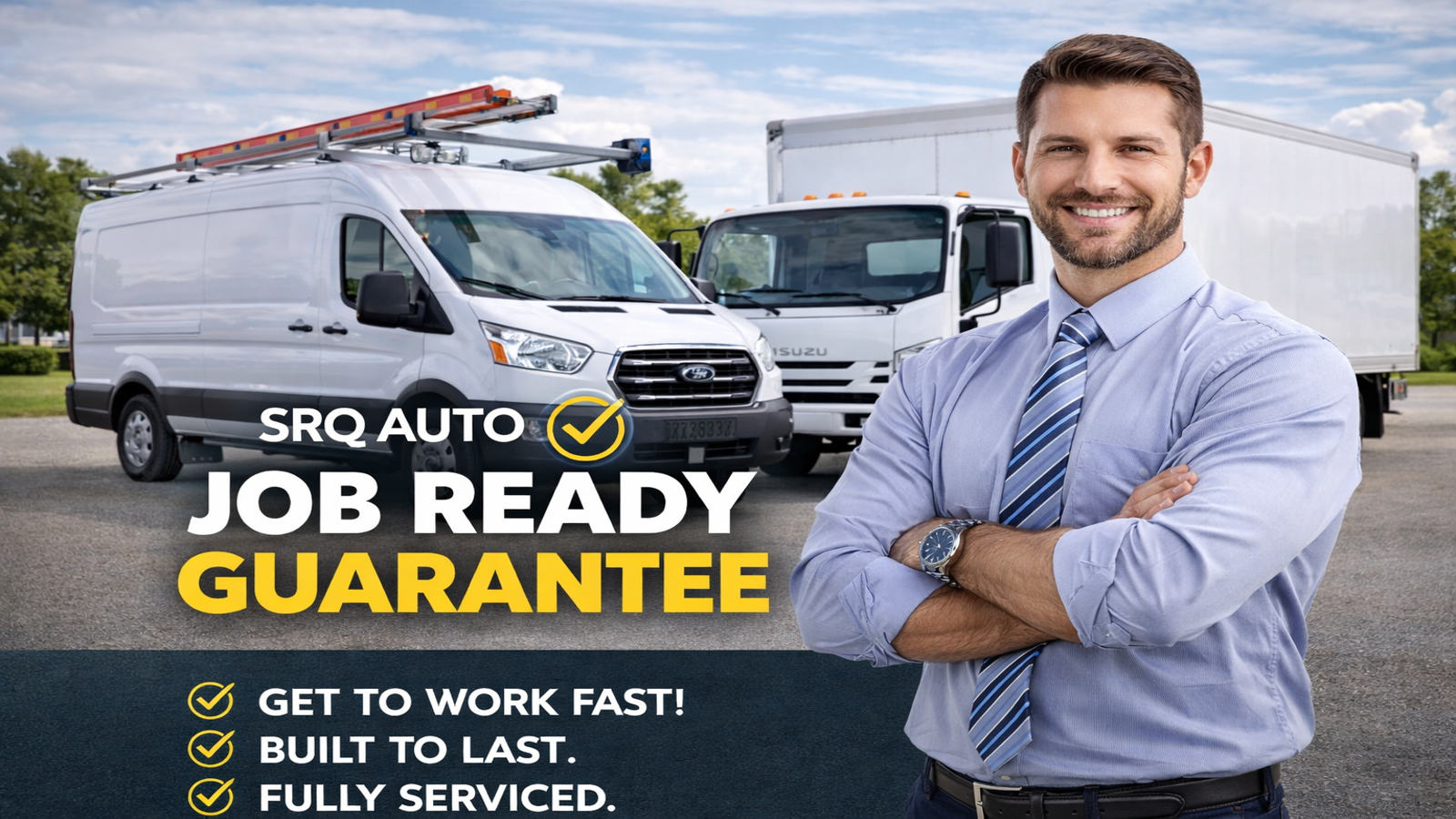 An SRQ Auto team member handing over the keys of a freshly detailed shuttle bus to a smiling customer.