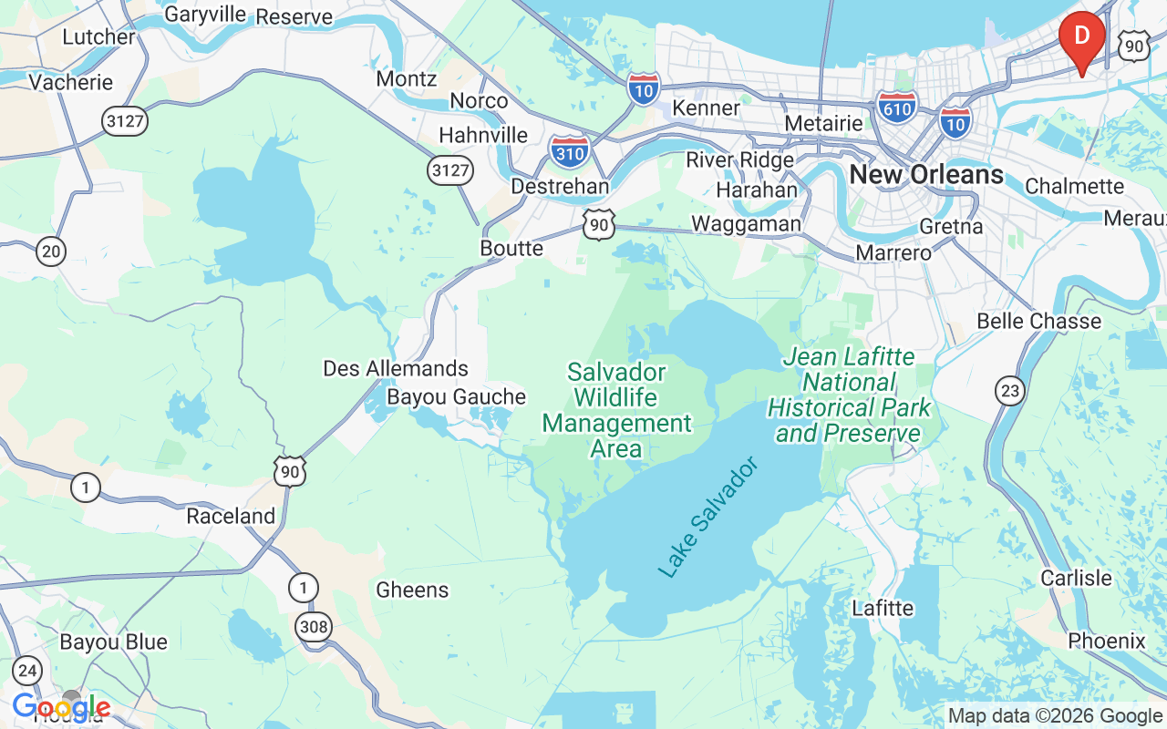 Map showing route from Houma to Banner Chevrolet