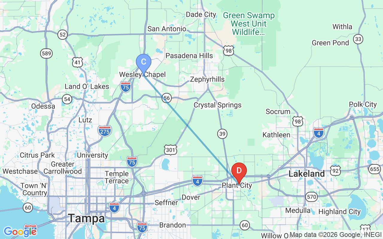 Map showing route from Wesley Chapel to Jarrett Scott Ford