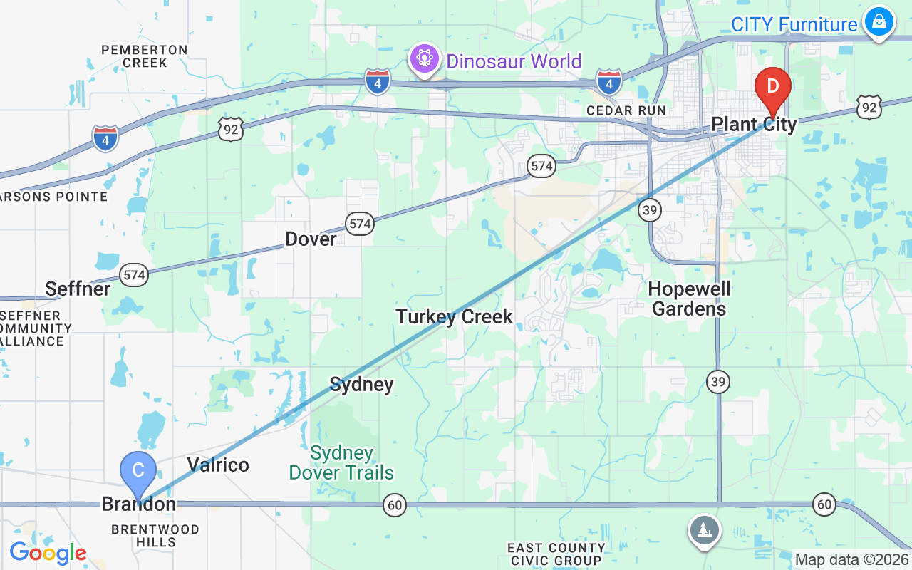 Map showing route from Brandon to Jarrett Scott Ford