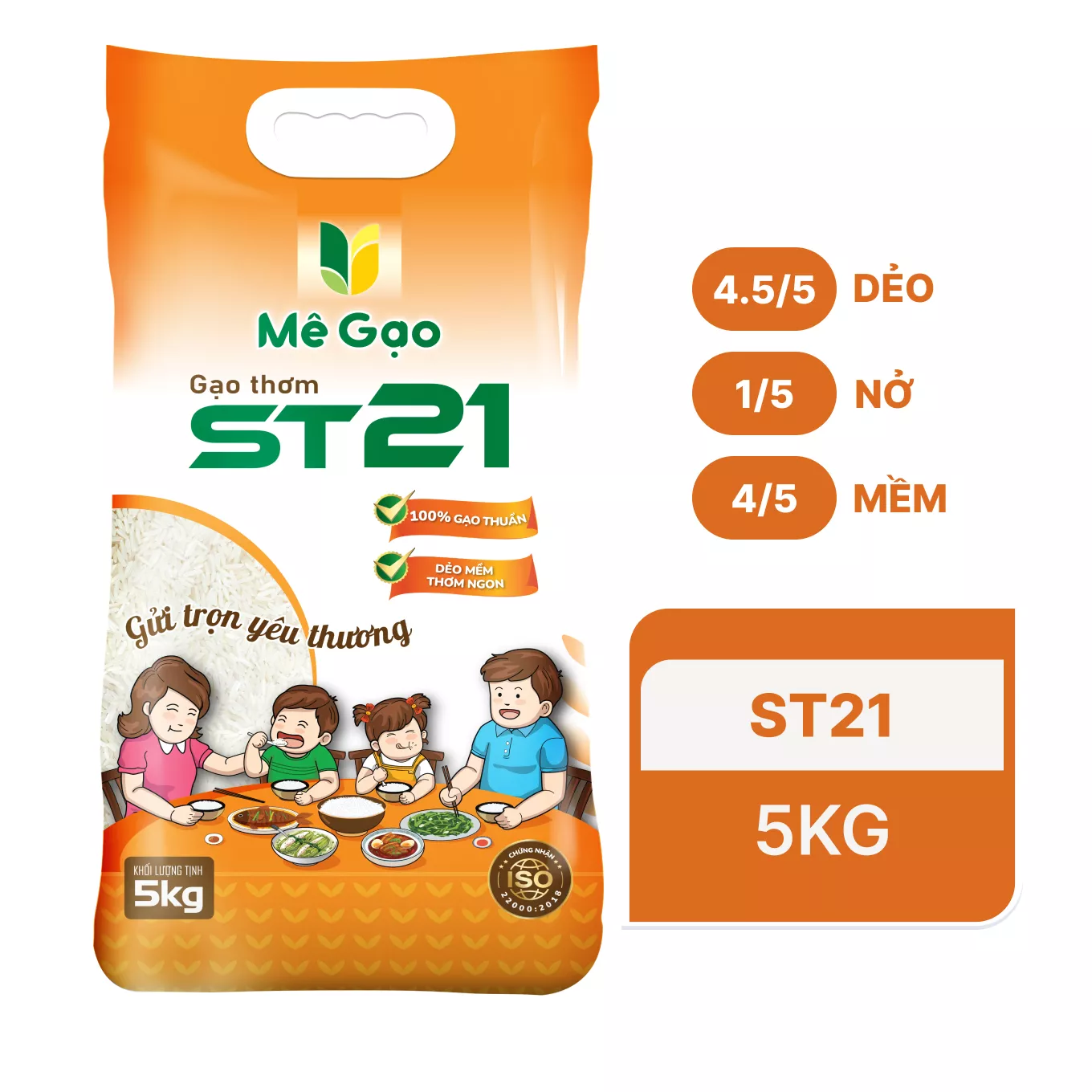 Gạo thơm ST2 Mê Gạo túi 5kg (1 Túi)