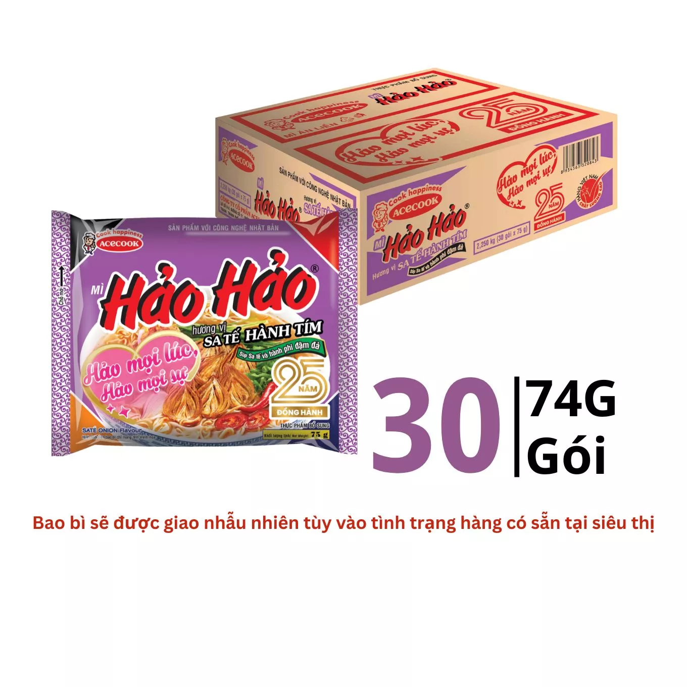 Thùng 30 Gói Mì Ăn Liền Hảo Hảo Acecook Vị Sa Tế Hành Tím 74g