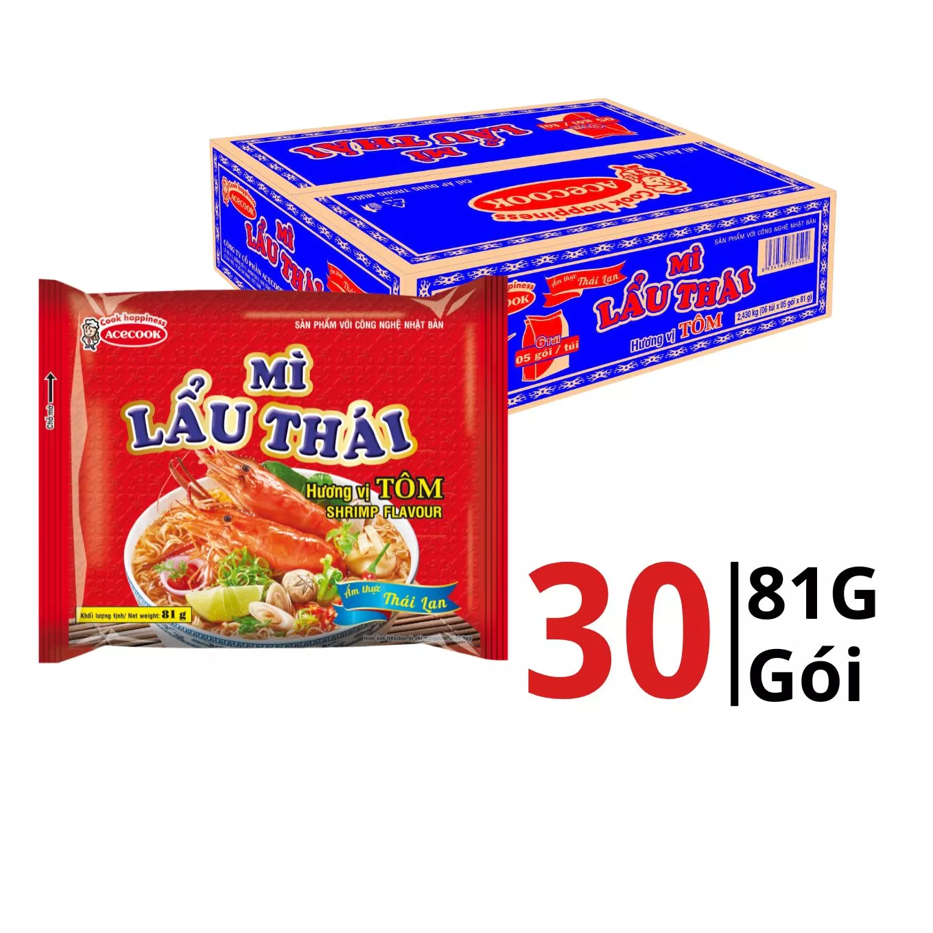 Thùng 30 Gói Mì Acecook Vị Lẩu Thái Tôm 81g