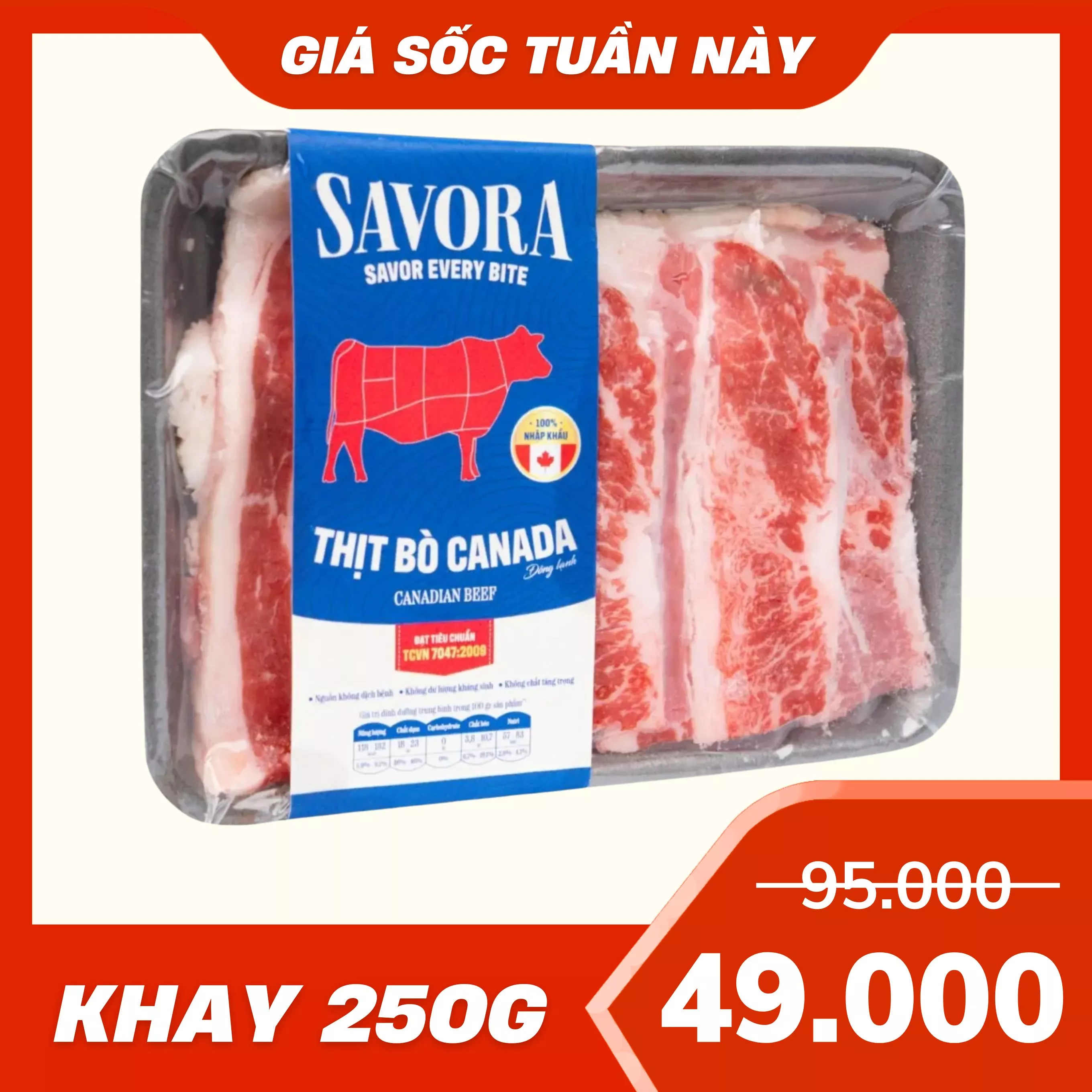 Ba chỉ bò Canada đông lạnh cắt lát Savora 250g (1 Khay)