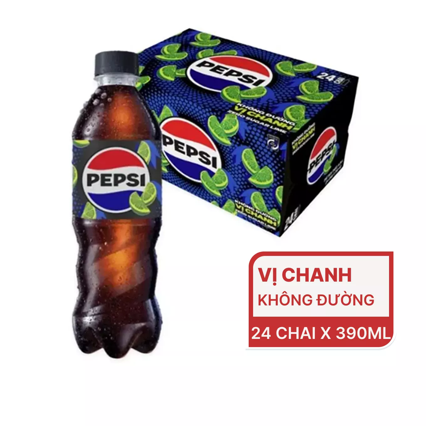 Thùng 24 Chai Nước Ngọt Pepsi Vị Chanh Zero Calo 390ml