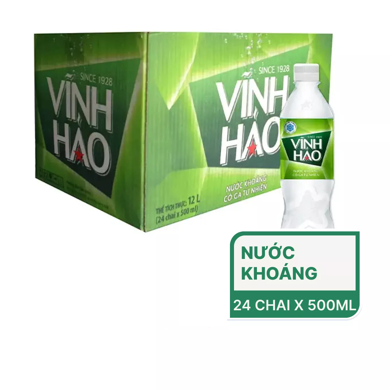 Thùng nước khoáng có ga tự nhiên Vĩnh Hảo 500ml (24 Chai)