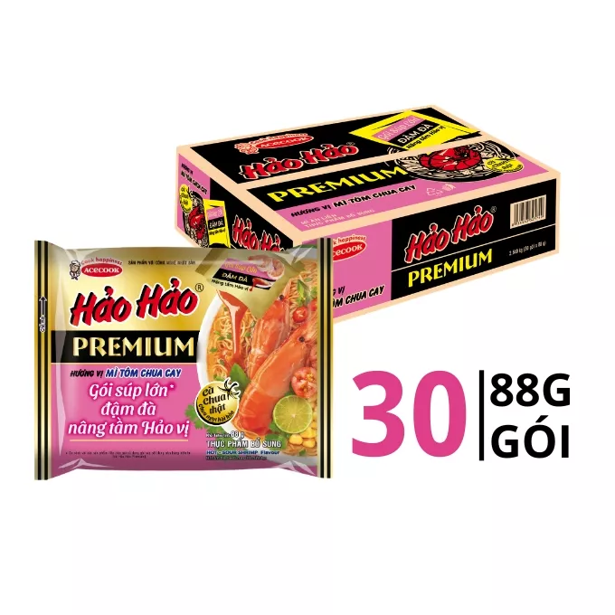 Thùng 30 Gói Mì Ăn Liền Premium Hảo Hảo Vị Tôm Chua Cay 88g