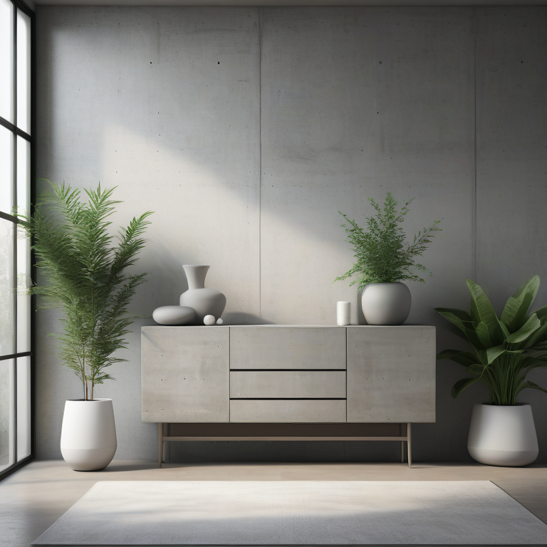 A contemporary living room with a grey concrete sideboard decorated with plants and vases, bathed in soft natural light.