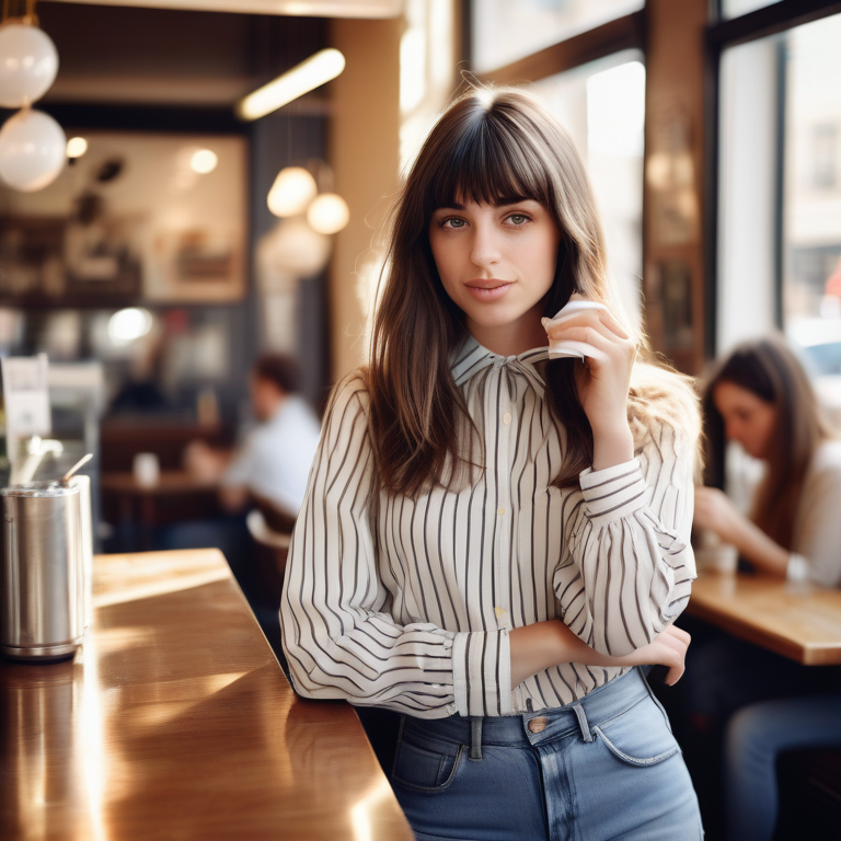 Fashionable woman with French bangs enjoying coffee in a lively café.