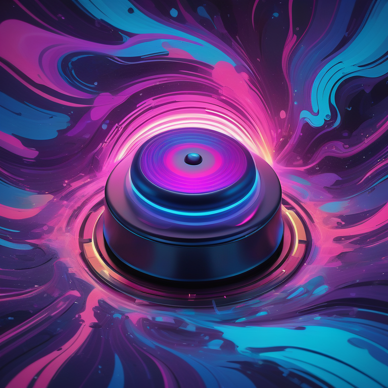 An oversized, glowing volume knob in an abstract setting with vibrant sound wave colors.